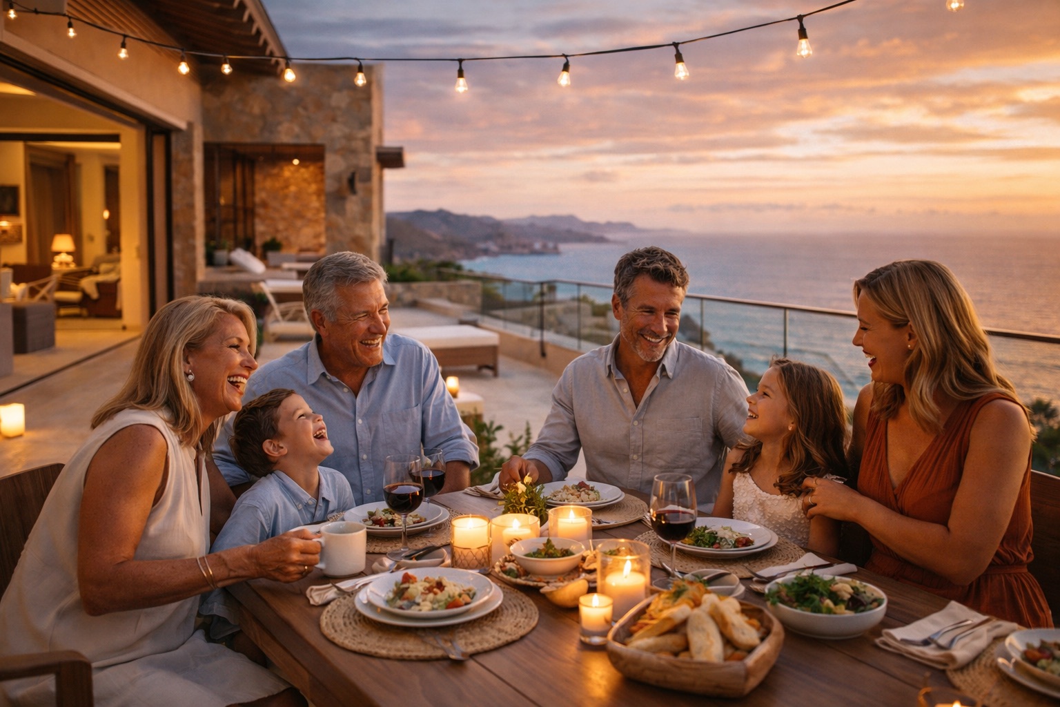 Multigenerational family dinner on luxury villa terrace at sunset in Los Cabos